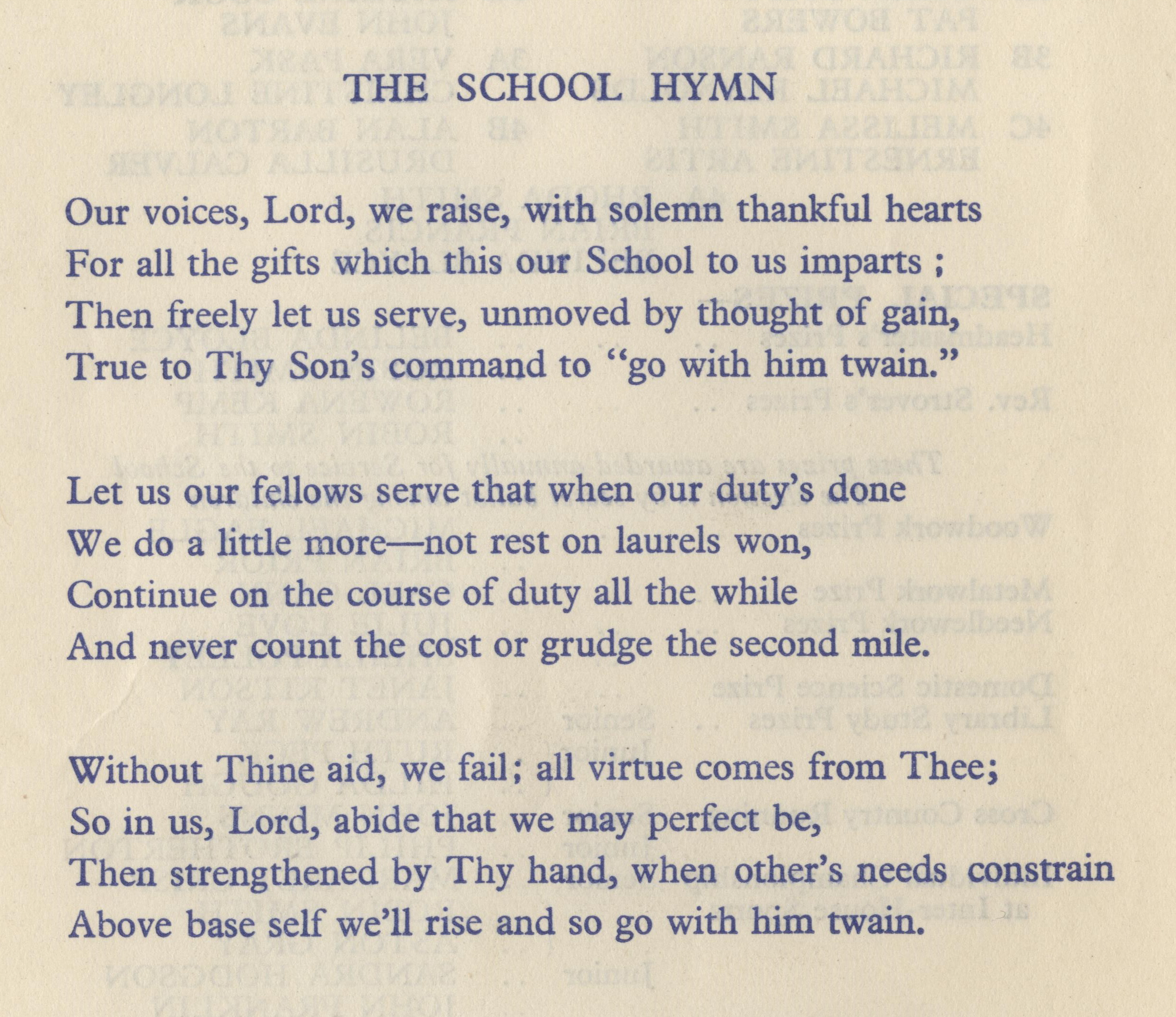 The original full three verse school hymn - taken from the Speech Day Programme - 17th July 1959